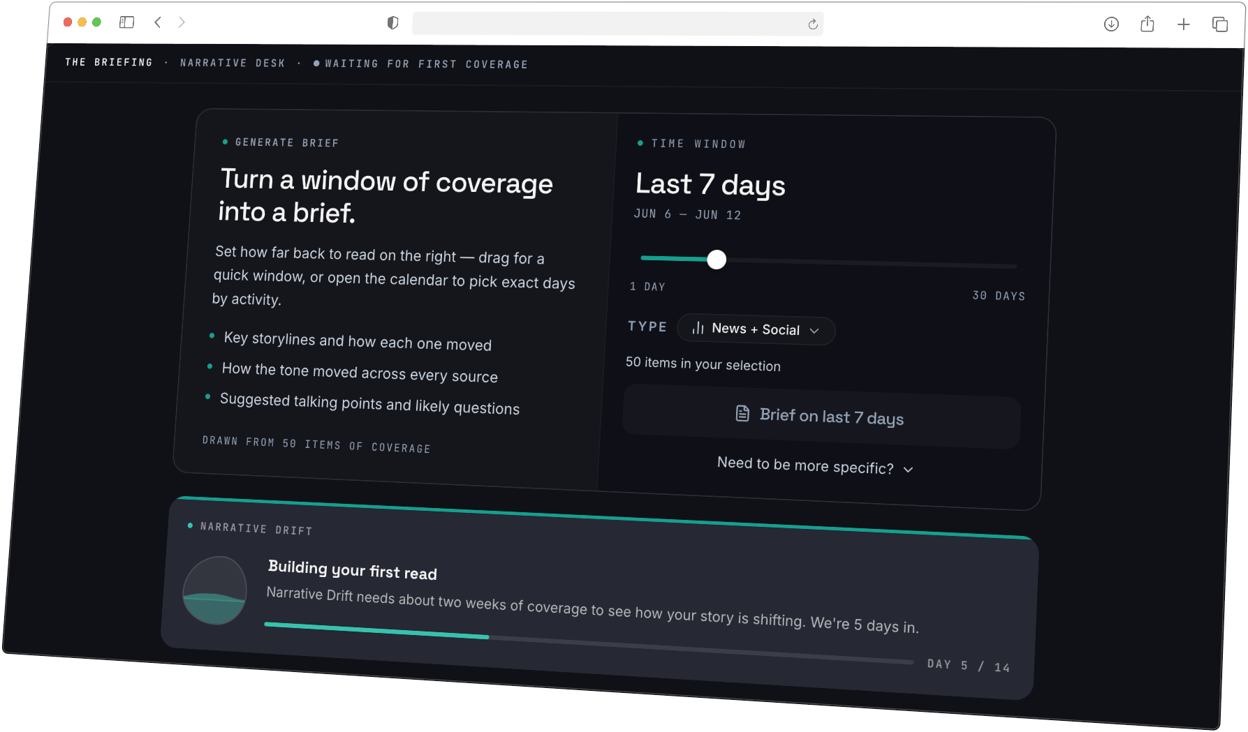 The Oakrift briefing desk — live coverage summarized into a brief